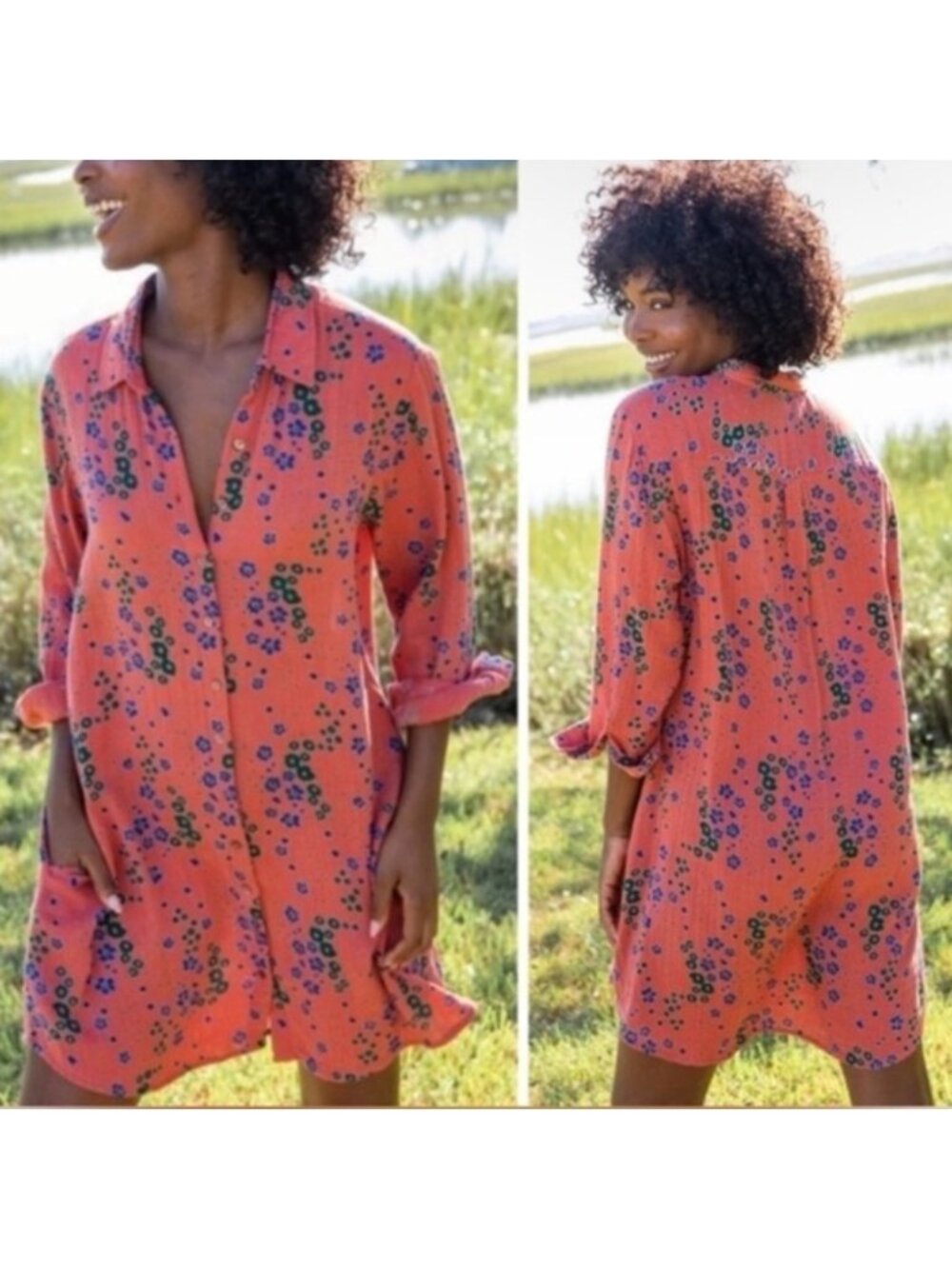 Natural Life Women's Floral Georgia Gauze Gauzy Cotton Long Sleeve Shirt Dress M
